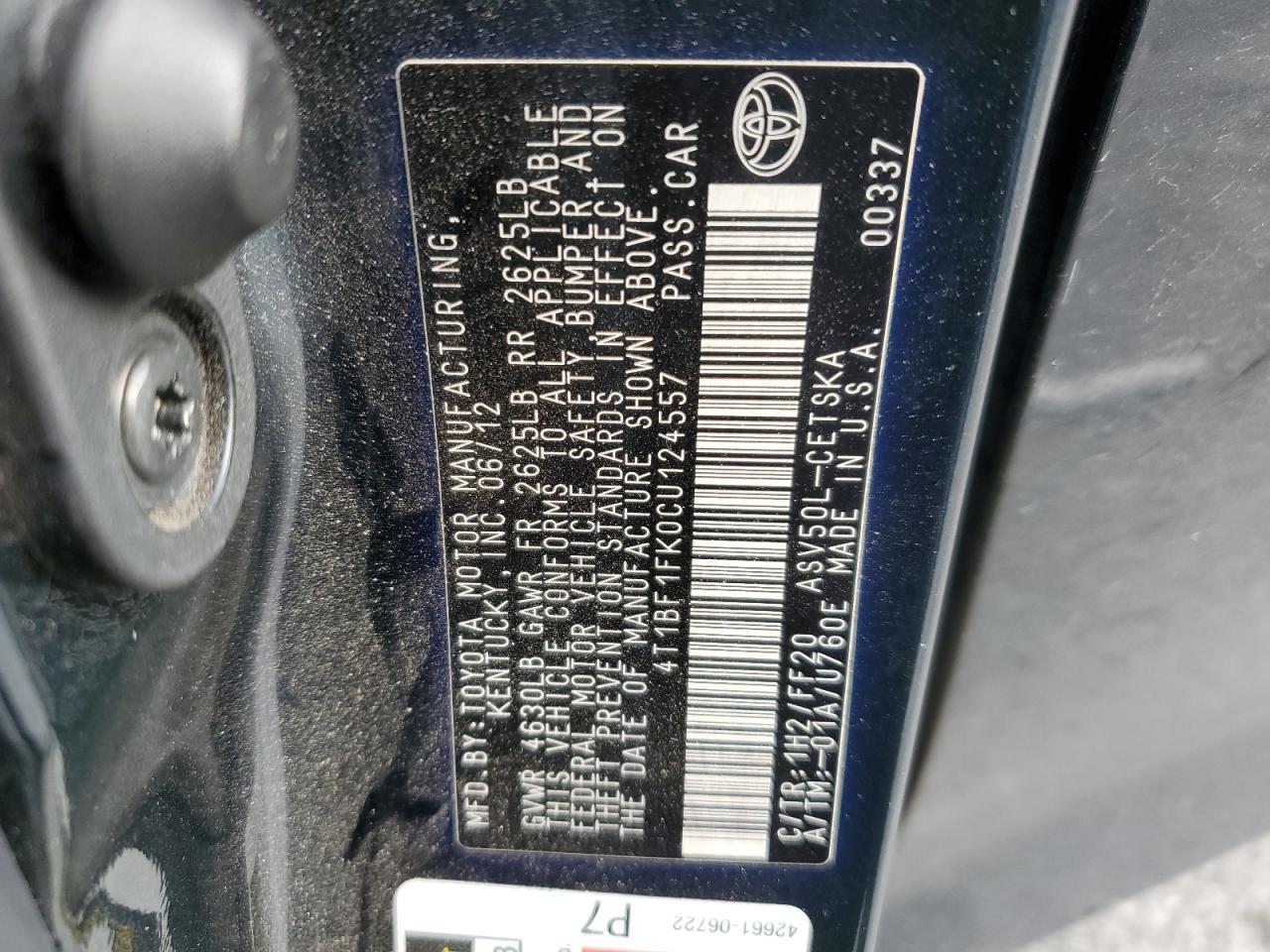 2012 Toyota Camry VIN 4T1BF1FK0CU124557 Copart auction photo, front end damage thumbnail 13