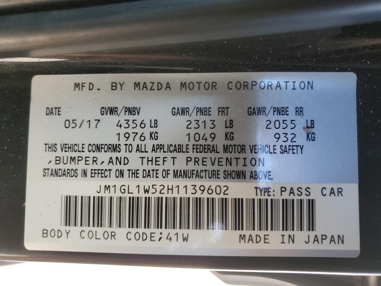2017 Mazda 6 VIN JM1GL1W52H1139602 Copart auction photo, front end / minor dent/scratches damage thumbnail 12