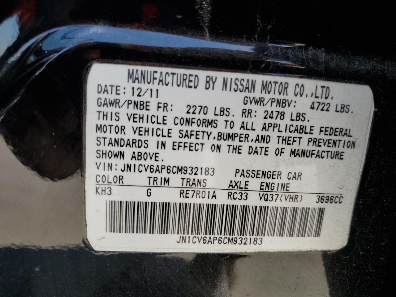 2012 Infiniti G VIN JN1CV6AP6CM932183 Copart auction photo, rear end / minor dent/scratches damage thumbnail 12