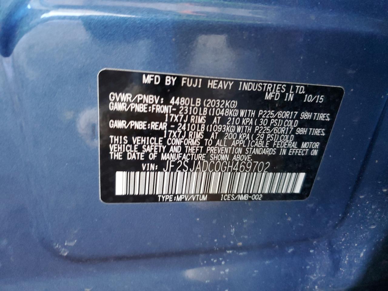 2016 Subaru Forester VIN JF2SJADC0GH469702 Copart auction photo, hail damage thumbnail 13