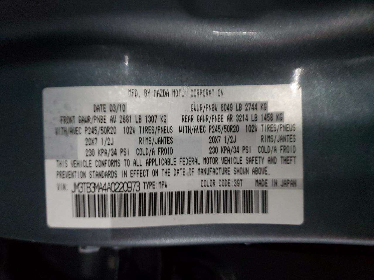 2010 Mazda CX-9 VIN JM3TB3MA4A0220973 Copart auction photo, front end damage thumbnail 14