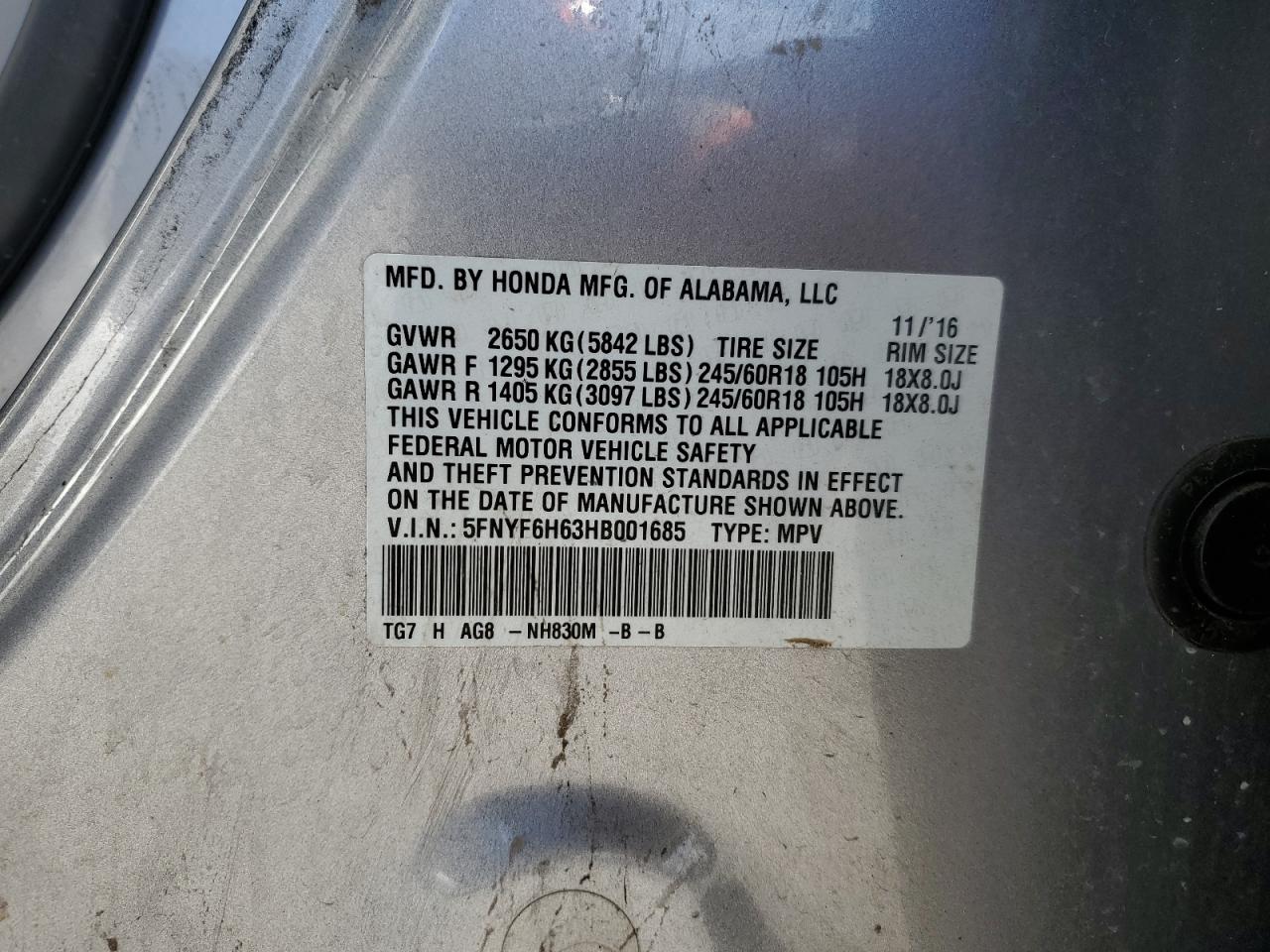 2017 Honda Pilot VIN 5FNYF6H63HB001685 Copart auction photo, front end damage thumbnail 13