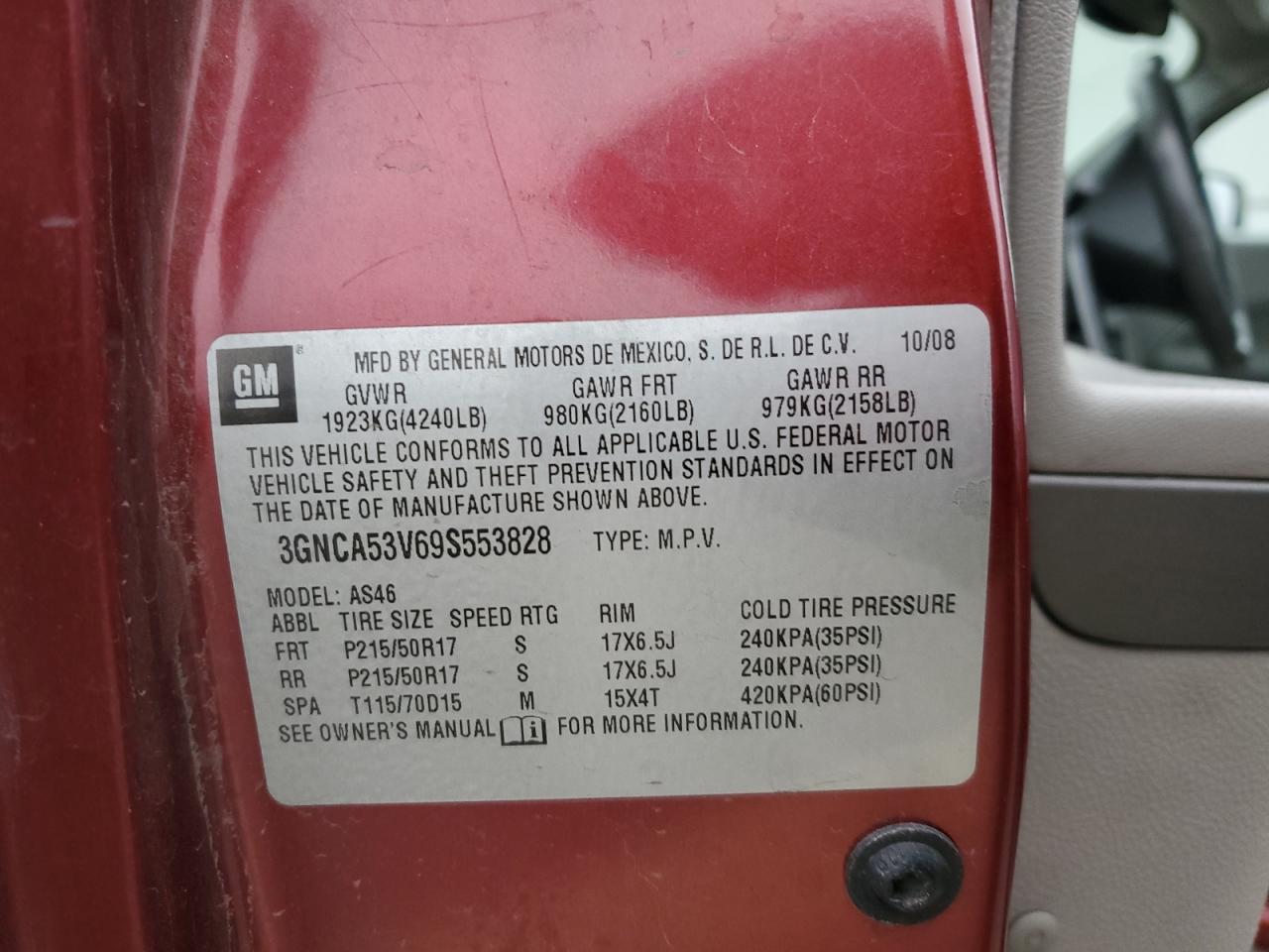 2009 Chevrolet HHR VIN 3GNCA53V69S553828 Copart auction photo, side / undercarriage damage thumbnail 15