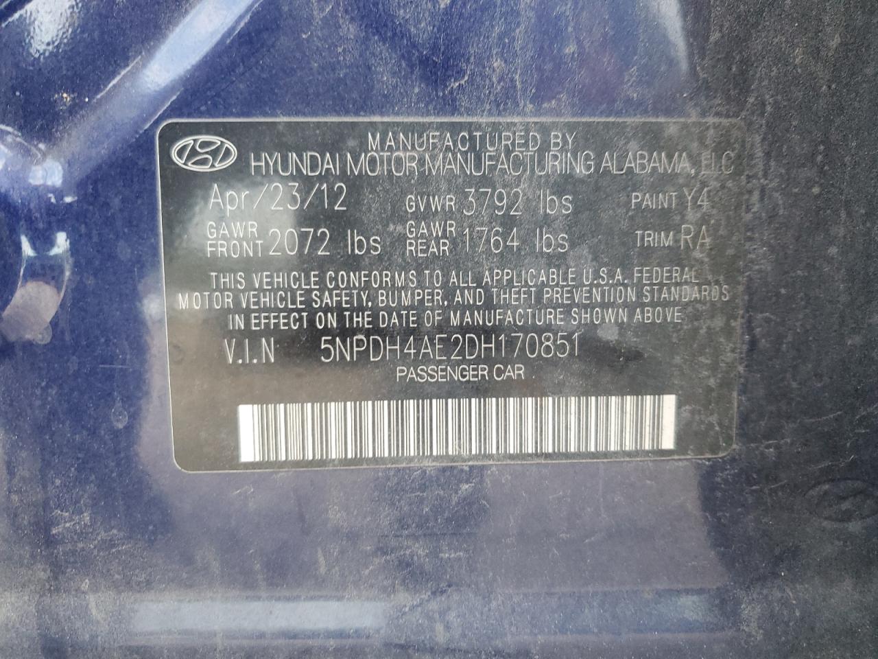 2013 Hyundai Elantra VIN 5NPDH4AE2DH170851 Copart auction photo, side damage thumbnail 12