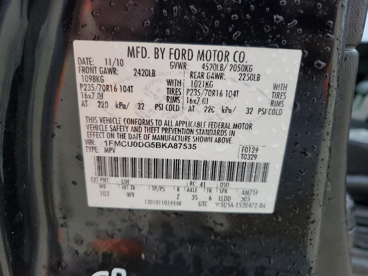 2011 Ford Escape VIN 1FMCU0DG5BKA87535 Copart auction photo, mechanical / minor dent/scratches damage thumbnail 13