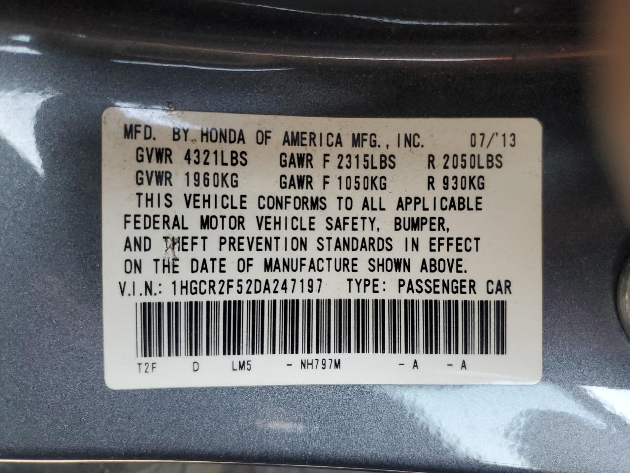 2013 Honda Accord VIN 1HGCR2F52DA247197 Copart auction photo, all over damage thumbnail 15