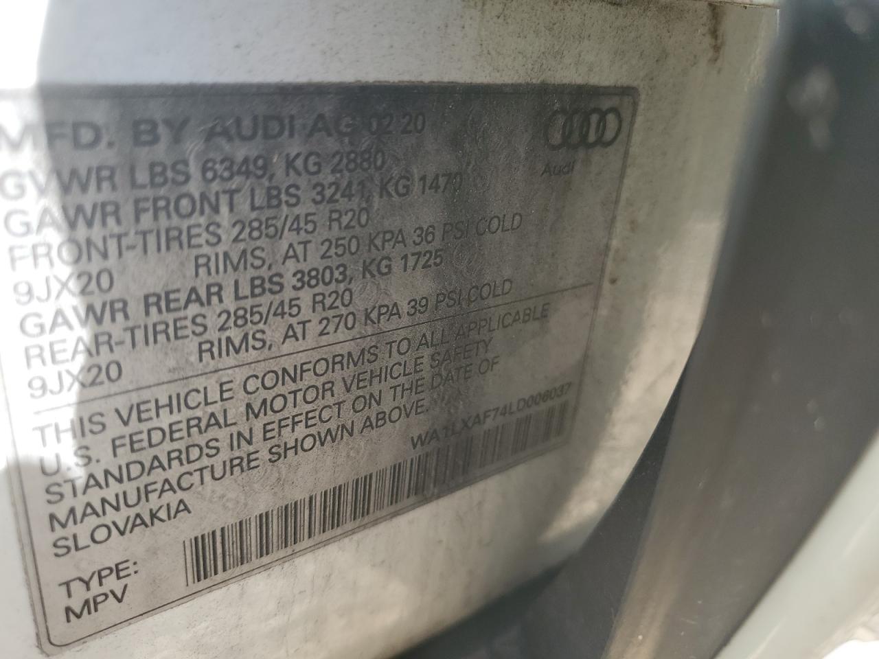 2020 Audi Q7 VIN WA1LXAF74LD006037 Copart auction photo, front end / side damage thumbnail 14