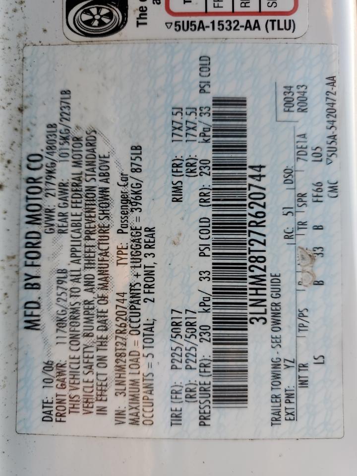 2007 Lincoln MKZ VIN 3LNHM28T27R620744 Copart auction photo, front end damage thumbnail 14