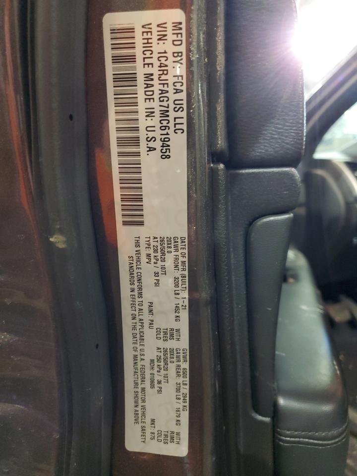 2021 Jeep Grand Cherokee VIN 1C4RJFAG7MC619458 Copart auction photo, front end / undercarriage damage thumbnail 13