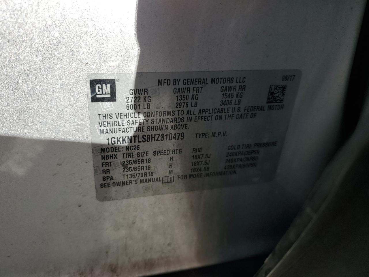 2017 GMC Acadia VIN 1GKKNTLS8HZ310479 Copart auction photo, front end damage thumbnail 12