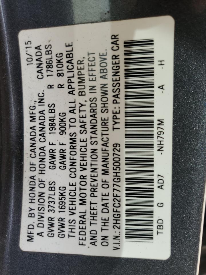 2016 Honda Civic VIN 2HGFC2F77GH500729 Copart auction photo, front end / minor dent/scratches damage thumbnail 15