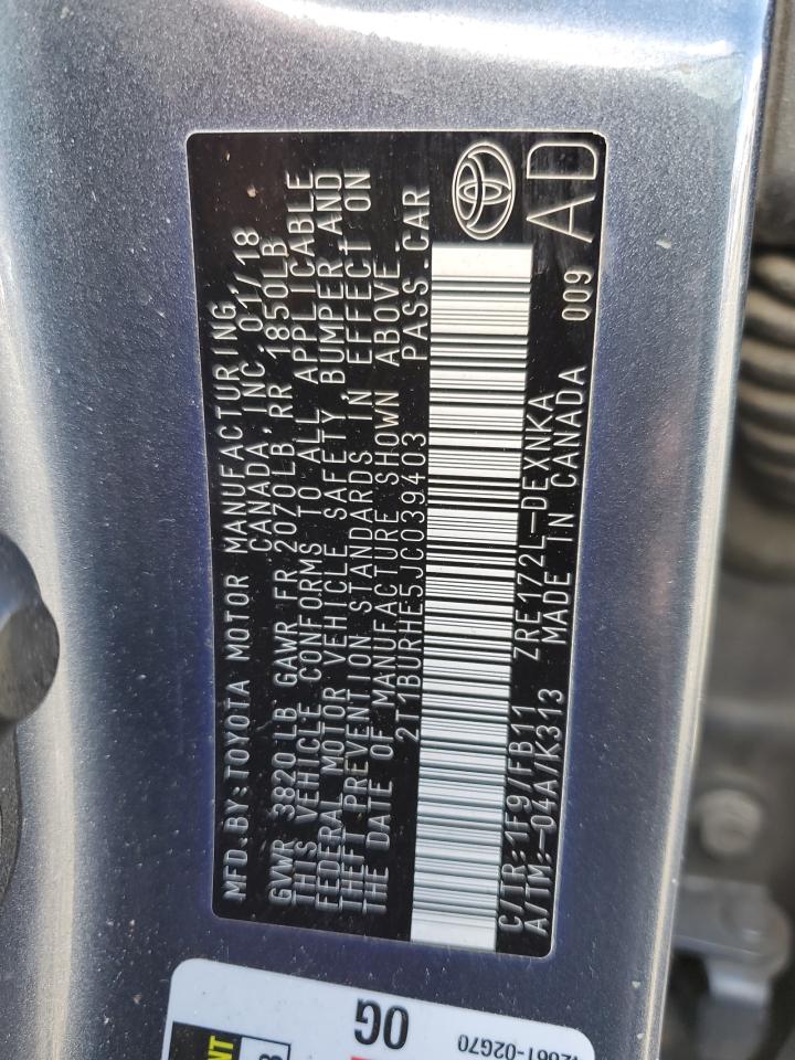 2018 Toyota Corolla VIN 2T1BURHE5JC039403 Copart auction photo, rear end / front end damage thumbnail 12