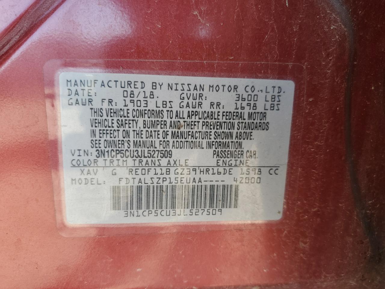 2018 Nissan Kicks VIN 3N1CP5CU3JL527509 Copart auction photo, front end / minor dent/scratches damage thumbnail 14