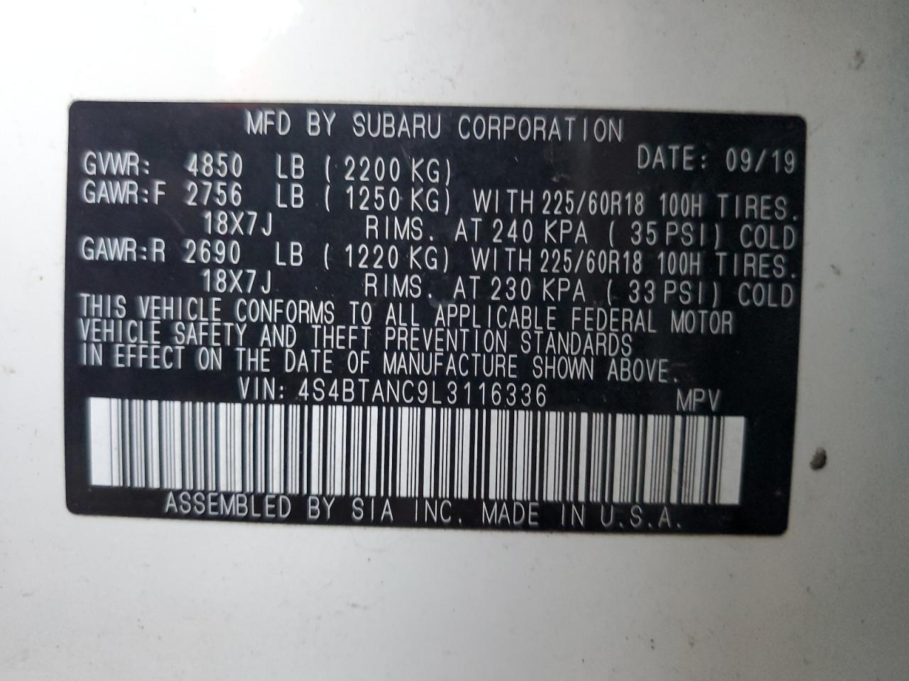 2020 Subaru Outback VIN 4S4BTANC9L3116336 Copart auction photo, front end / minor dent/scratches damage thumbnail 12