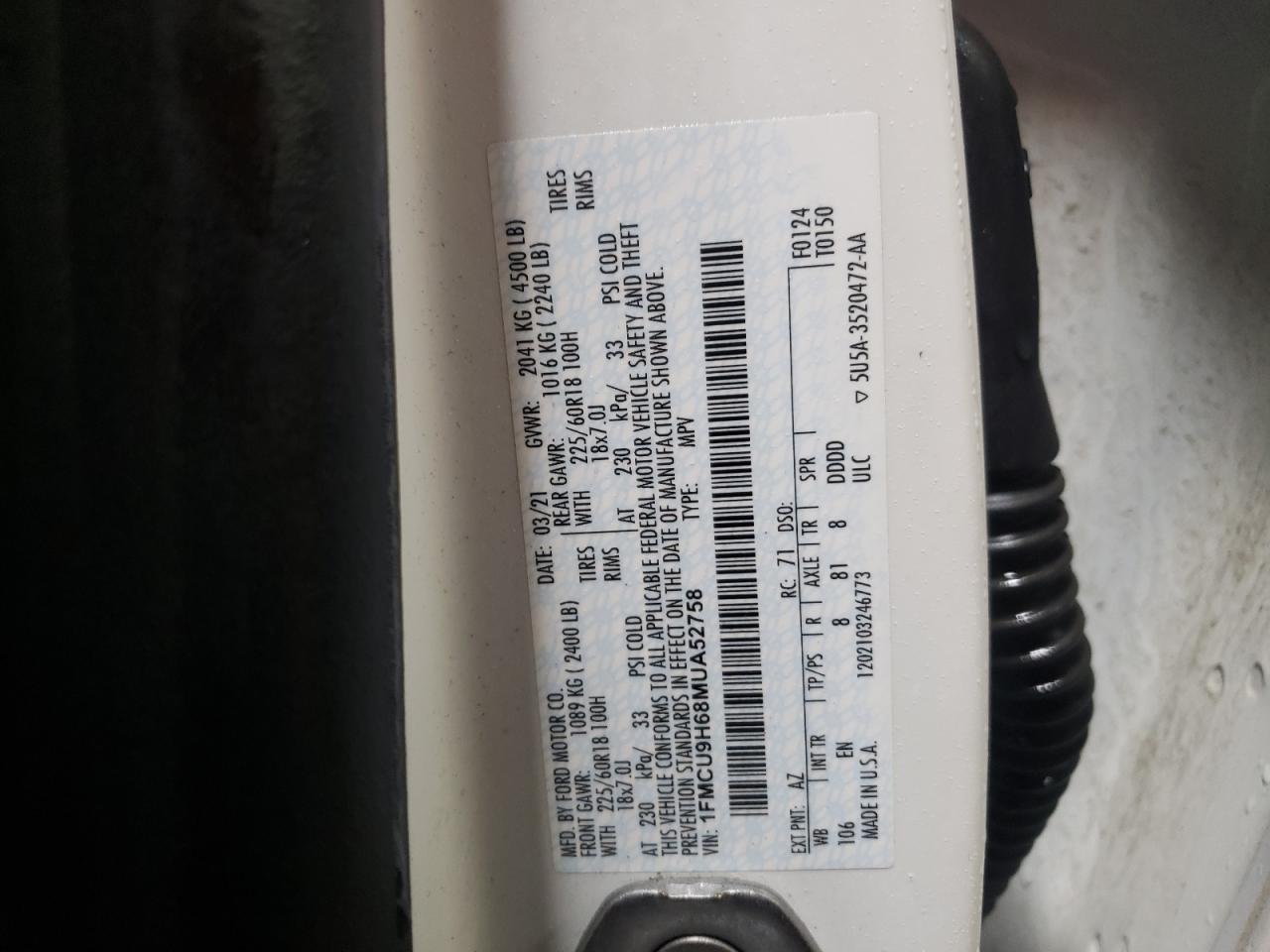 2021 Ford Escape VIN 1FMCU9H68MUA52758 Copart auction photo, side damage thumbnail 13