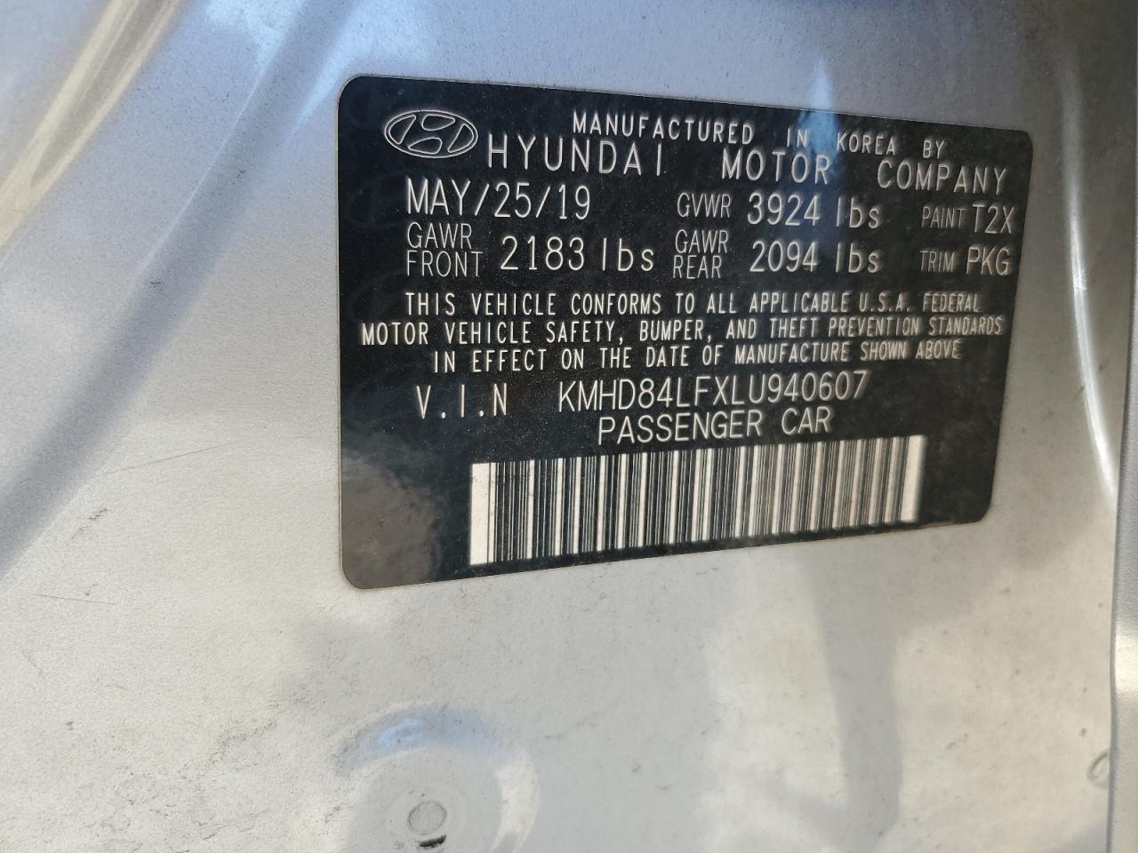 2020 Hyundai Elantra VIN KMHD84LFXLU940607 Copart auction photo, front end damage thumbnail 13