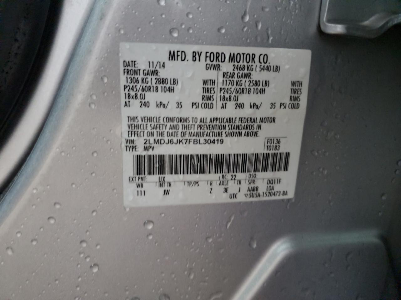 2015 Lincoln MKX VIN 2LMDJ6JK7FBL30419 Copart auction photo, front end damage thumbnail 13