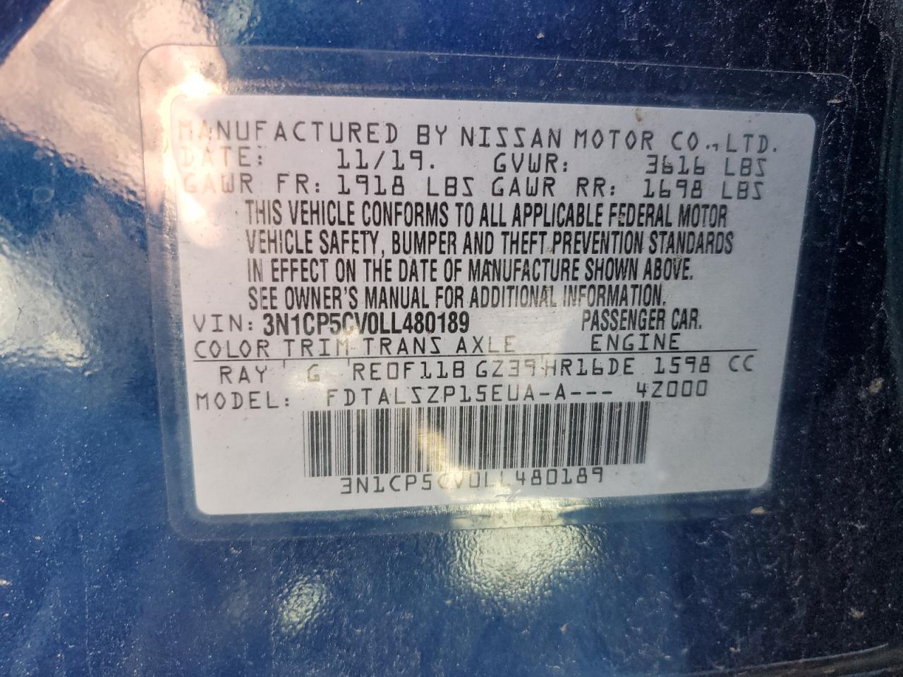 2020 Nissan Kicks VIN 3N1CP5CV0LL480189 Copart auction photo, side / rear end damage thumbnail 12