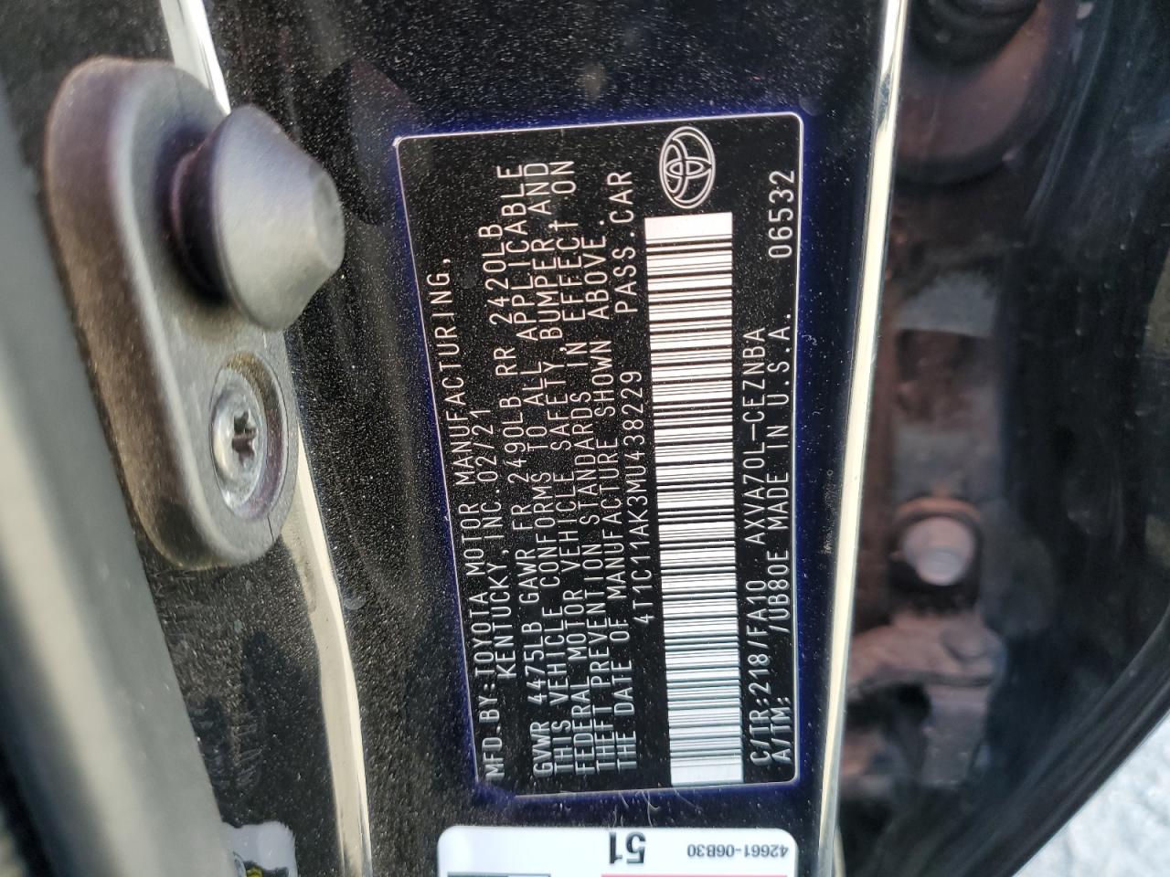2021 Toyota Camry VIN 4T1C11AK3MU438229 Copart auction photo, front end damage thumbnail 12