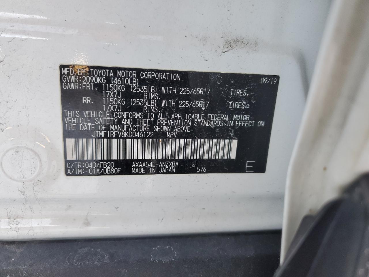 2019 Toyota RAV 4 VIN JTMF1RFV8KD046122 Copart auction photo, front end damage thumbnail 15