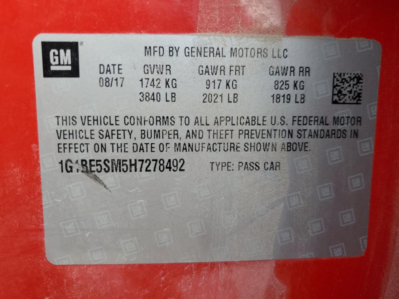2017 Chevrolet Cruze VIN 1G1BE5SM5H7278492 Copart auction photo, front end / minor dent/scratches damage thumbnail 12
