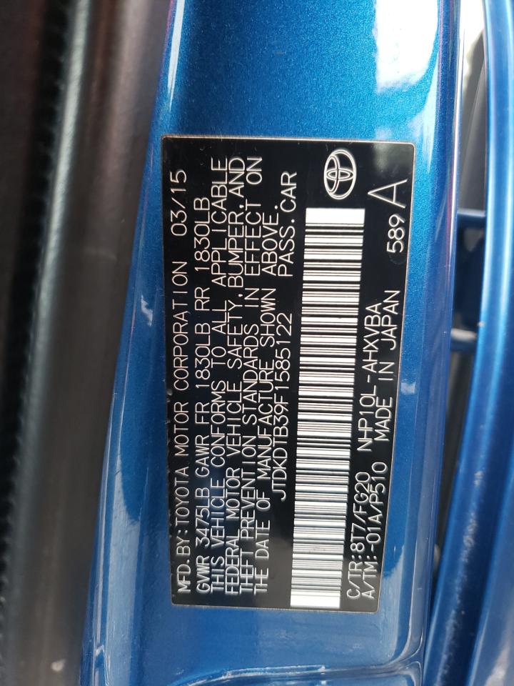2015 Toyota Prius VIN JTDKDTB39F1585122 Copart auction photo, front end / side damage thumbnail 12
