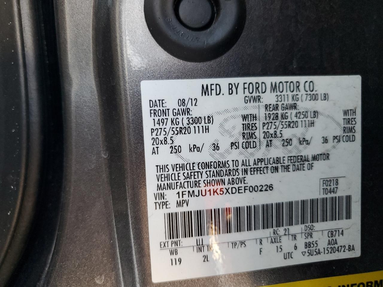 2013 Ford Expedition VIN 1FMJU1K5XDEF00226 Copart auction photo, all over damage thumbnail 13