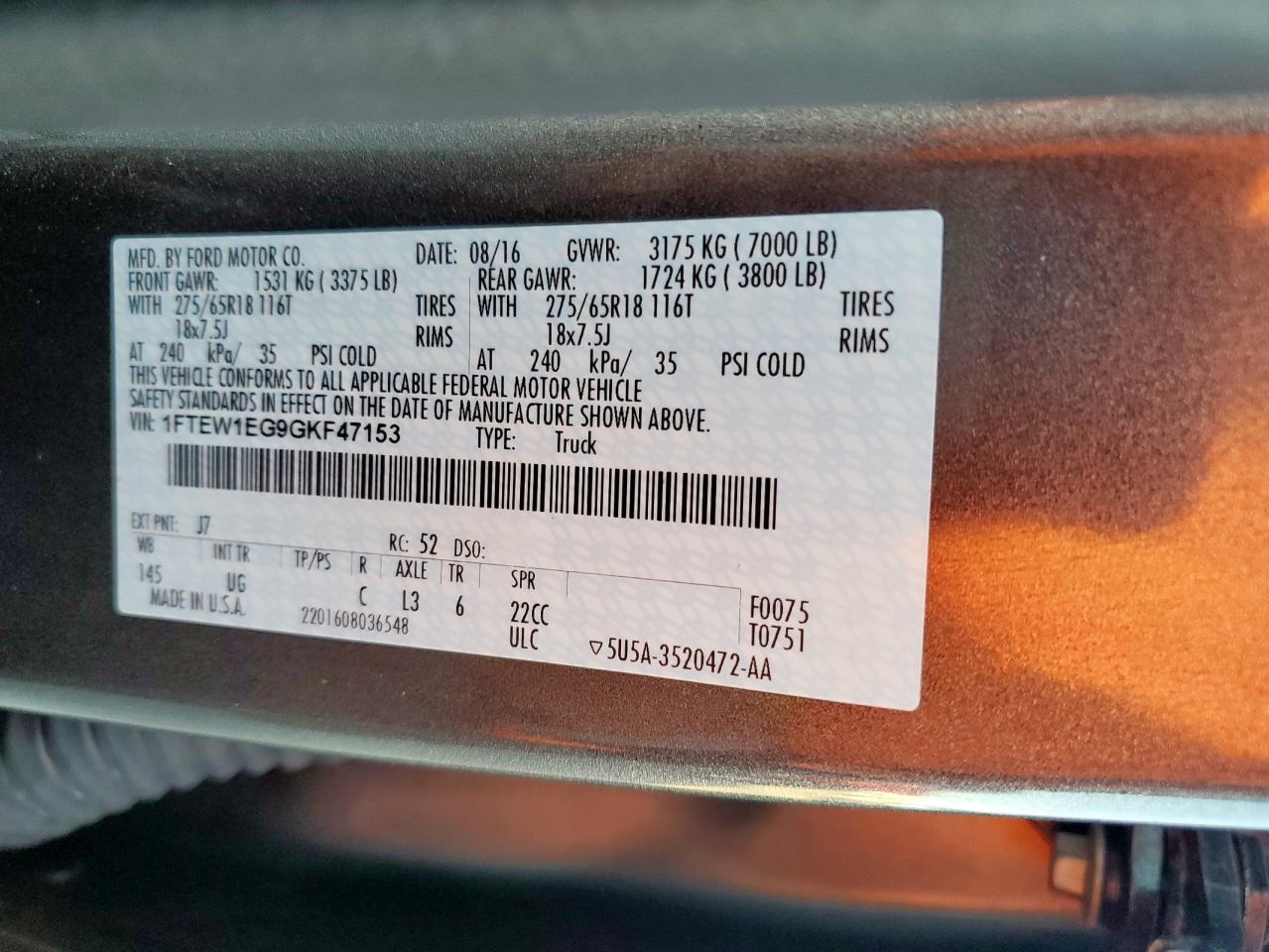 2016 Ford F-150 VIN 1FTEW1EG9GKF47153 Copart auction photo, rear end damage thumbnail 12