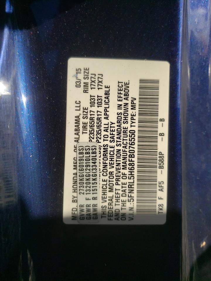 2015 Honda Odyssey VIN 5FNRL5H68FB076550 Copart auction photo, rear end / front end damage thumbnail 15