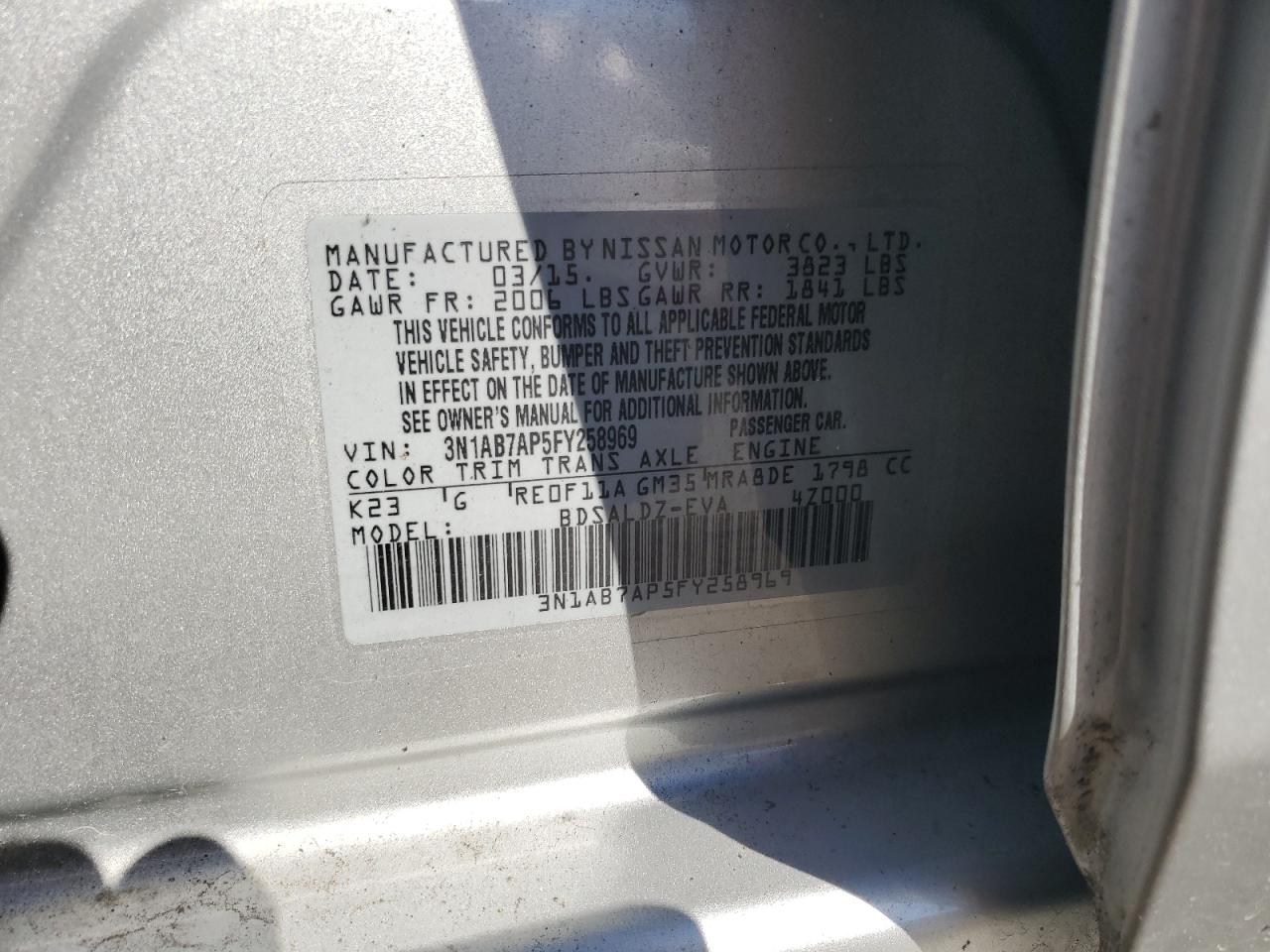 2015 Nissan Sentra VIN 3N1AB7AP5FY258969 Copart auction photo, front end / rear end damage thumbnail 14