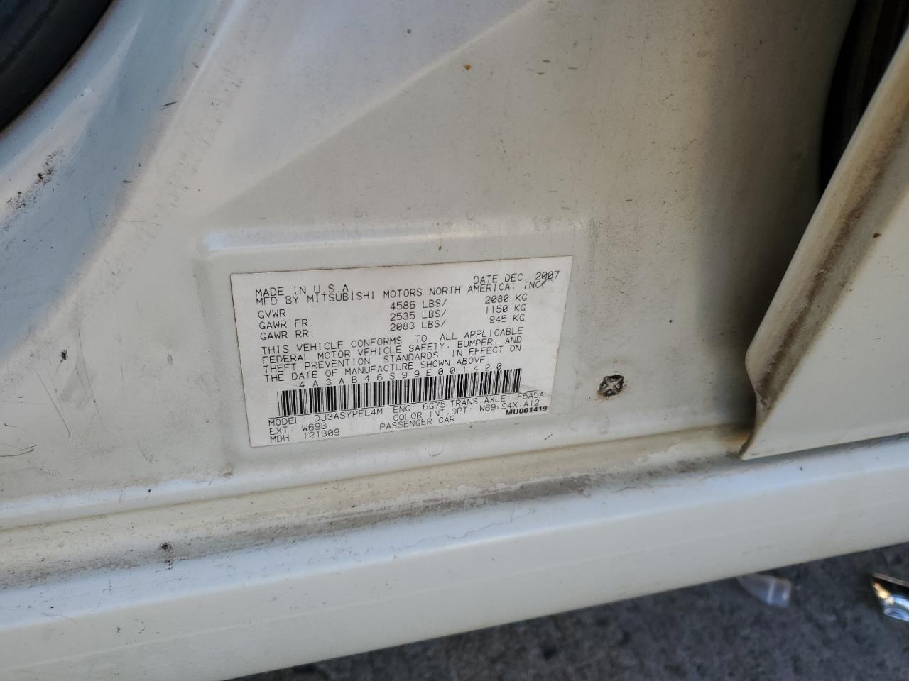 2009 Mitsubishi Galant VIN 4A3AB46S99E001420 Copart auction photo, front end / rear end damage thumbnail 12