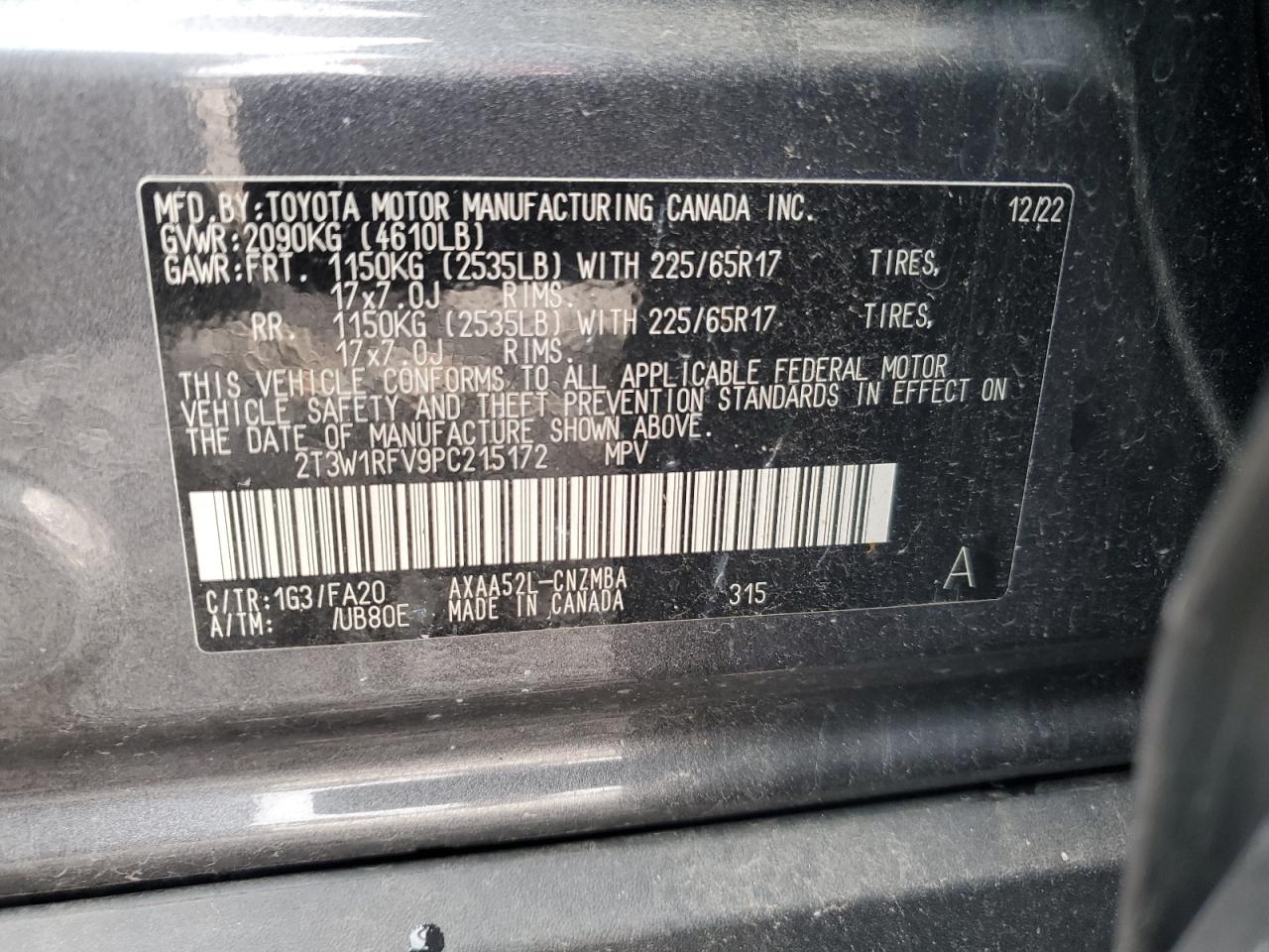 2023 Toyota RAV 4 VIN 2T3W1RFV9PC215172 Copart auction photo, front end / side damage thumbnail 15