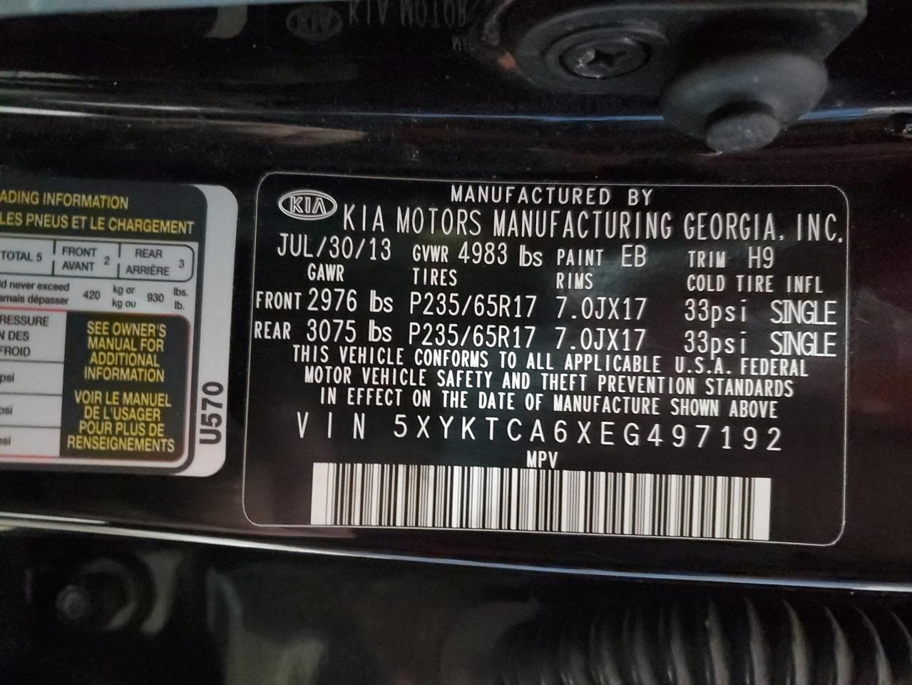 2014 KIA Sorento VIN 5XYKTCA6XEG497192 Copart auction photo, rollover damage thumbnail 14
