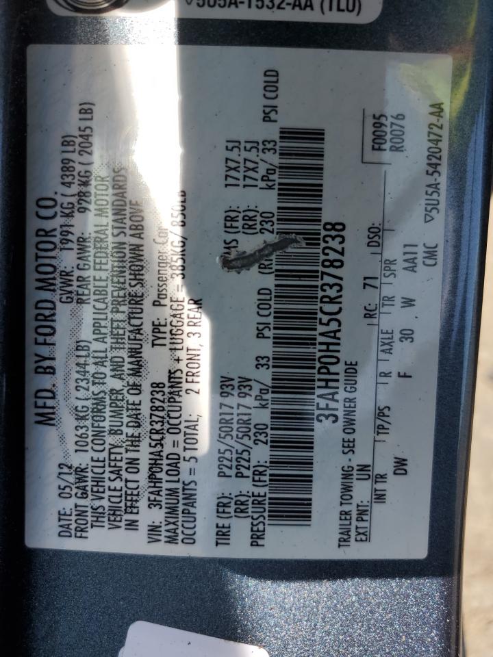 2012 Ford Fusion VIN 3FAHP0HA5CR378238 Copart auction photo, front end / side damage thumbnail 14