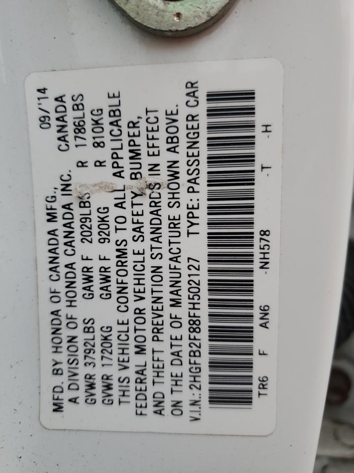 2015 Honda Civic VIN 2HGFB2F88FH502127 Copart auction photo, front end damage thumbnail 12