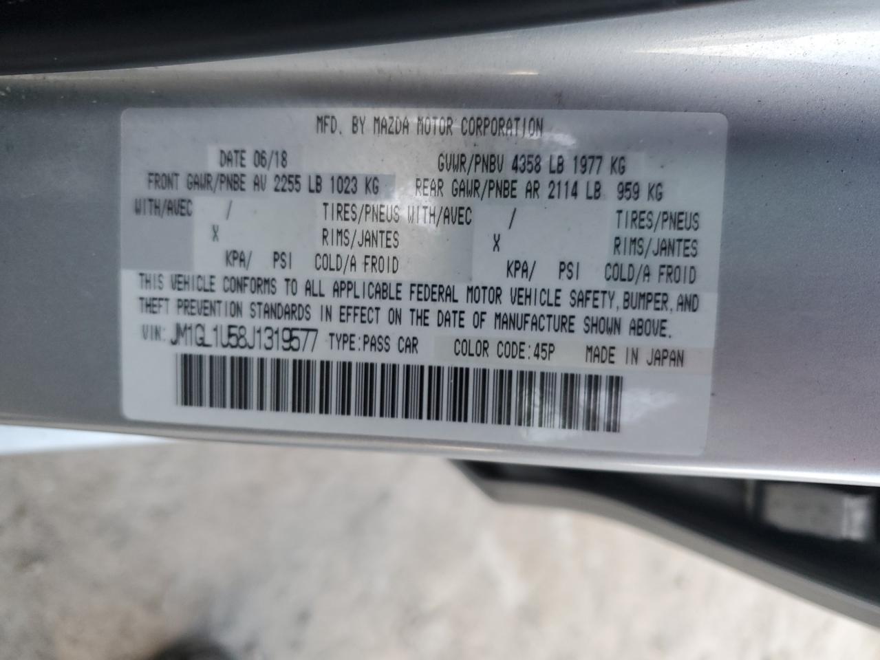 2018 Mazda 6 VIN JM1GL1U58J1319577 Copart auction photo, rear end / side damage thumbnail 12