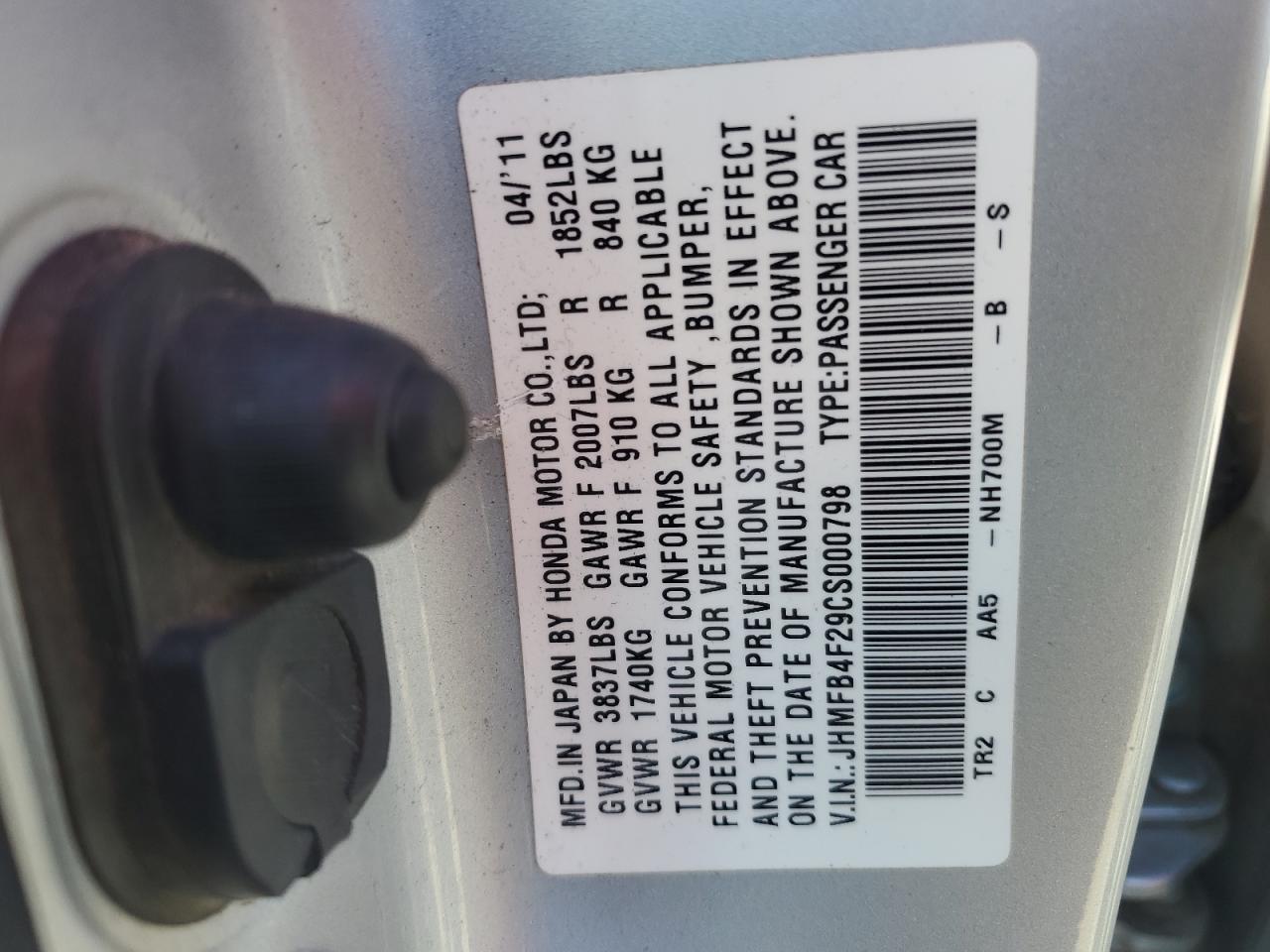 2012 Honda Civic VIN JHMFB4F29CS000798 Copart auction photo, mechanical / front end damage thumbnail 12