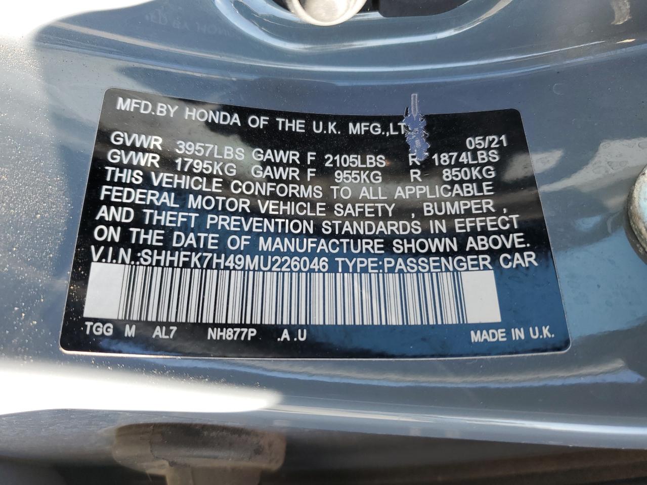 2021 Honda Civic VIN SHHFK7H49MU226046 Copart auction photo, undercarriage / front end damage thumbnail 14
