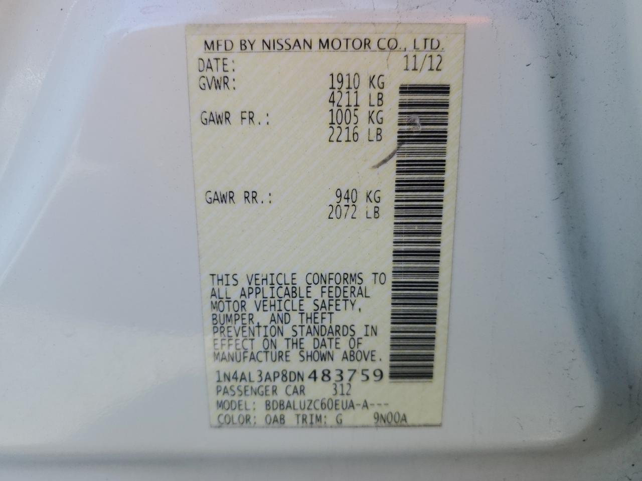 2013 Nissan Altima VIN 1N4AL3AP8DN483759 Copart auction photo, rear end / side damage thumbnail 12