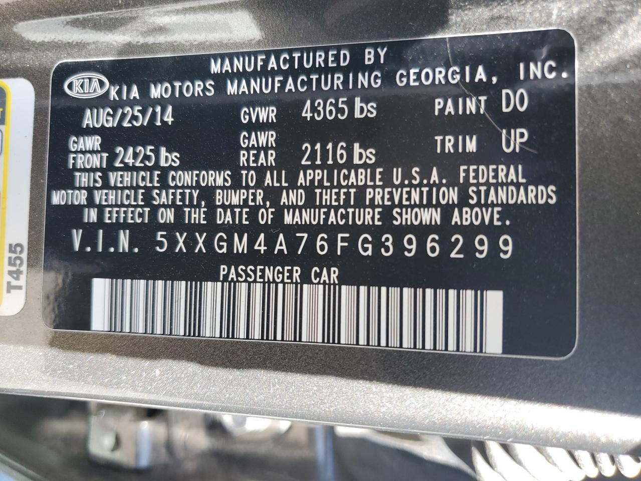 2015 KIA Optima VIN 5XXGM4A76FG396299 Copart auction photo, front end / minor dent/scratches damage thumbnail 14