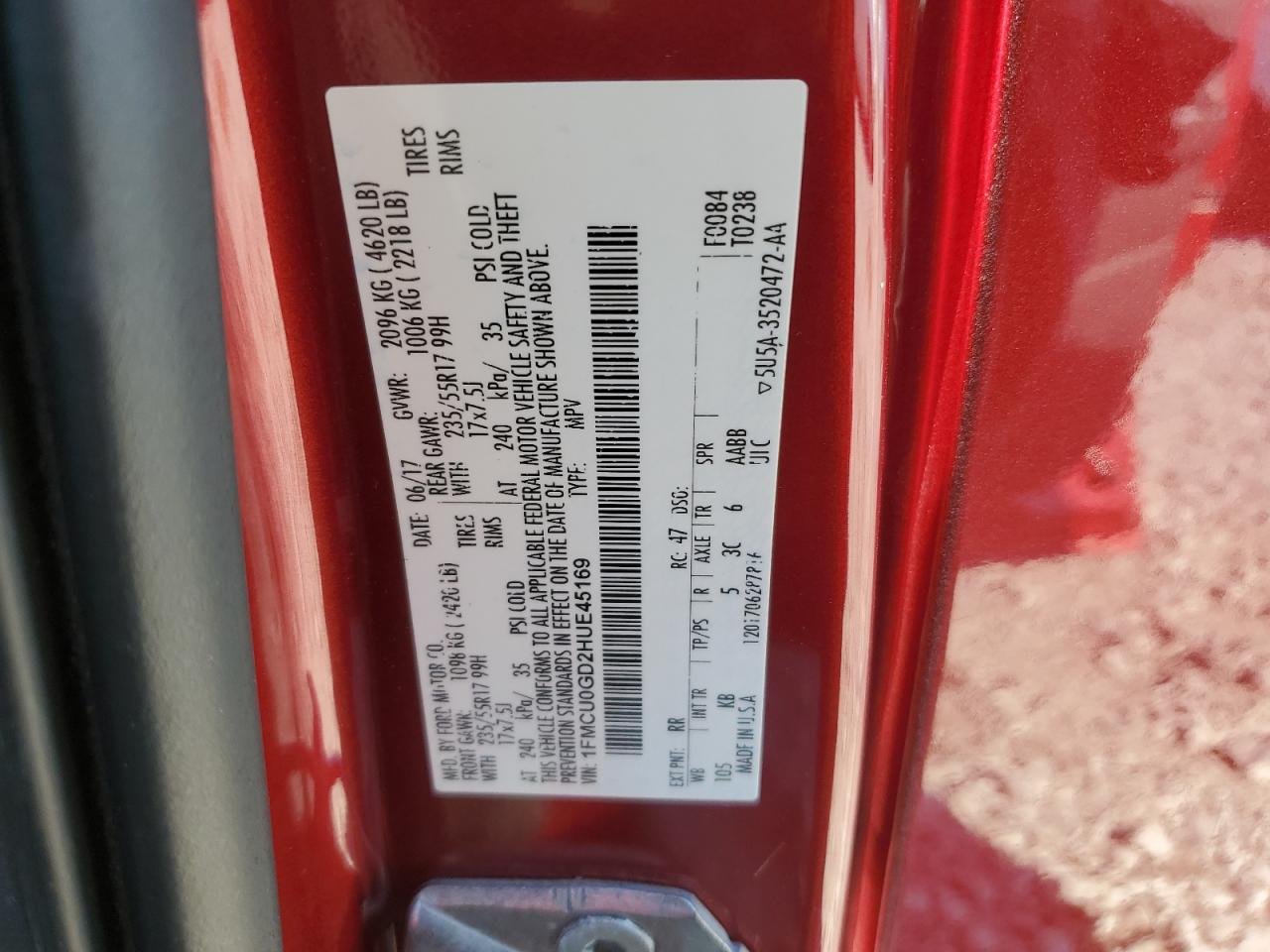 2017 Ford Escape VIN 1FMCU0GD2HUE45169 Copart auction photo, side damage thumbnail 15