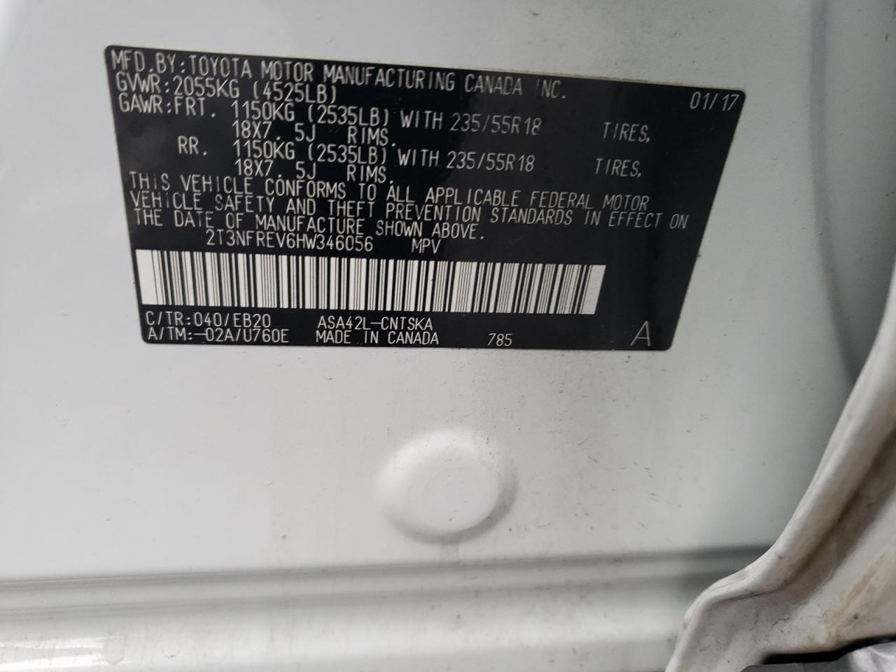 2017 Toyota RAV 4 VIN 2T3NFREV6HW346056 Copart auction photo, front end damage thumbnail 16