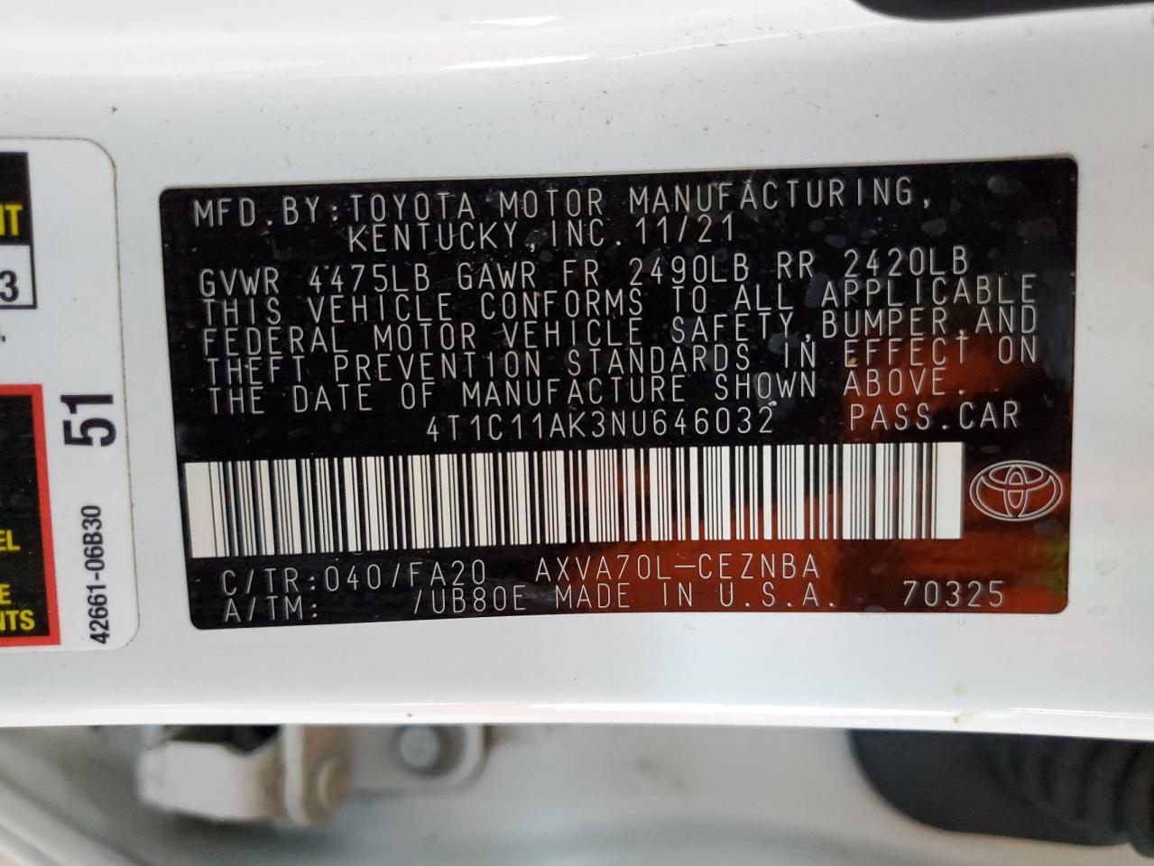 2022 Toyota Camry VIN 4T1C11AK3NU646032 Copart auction photo, front end damage thumbnail 12