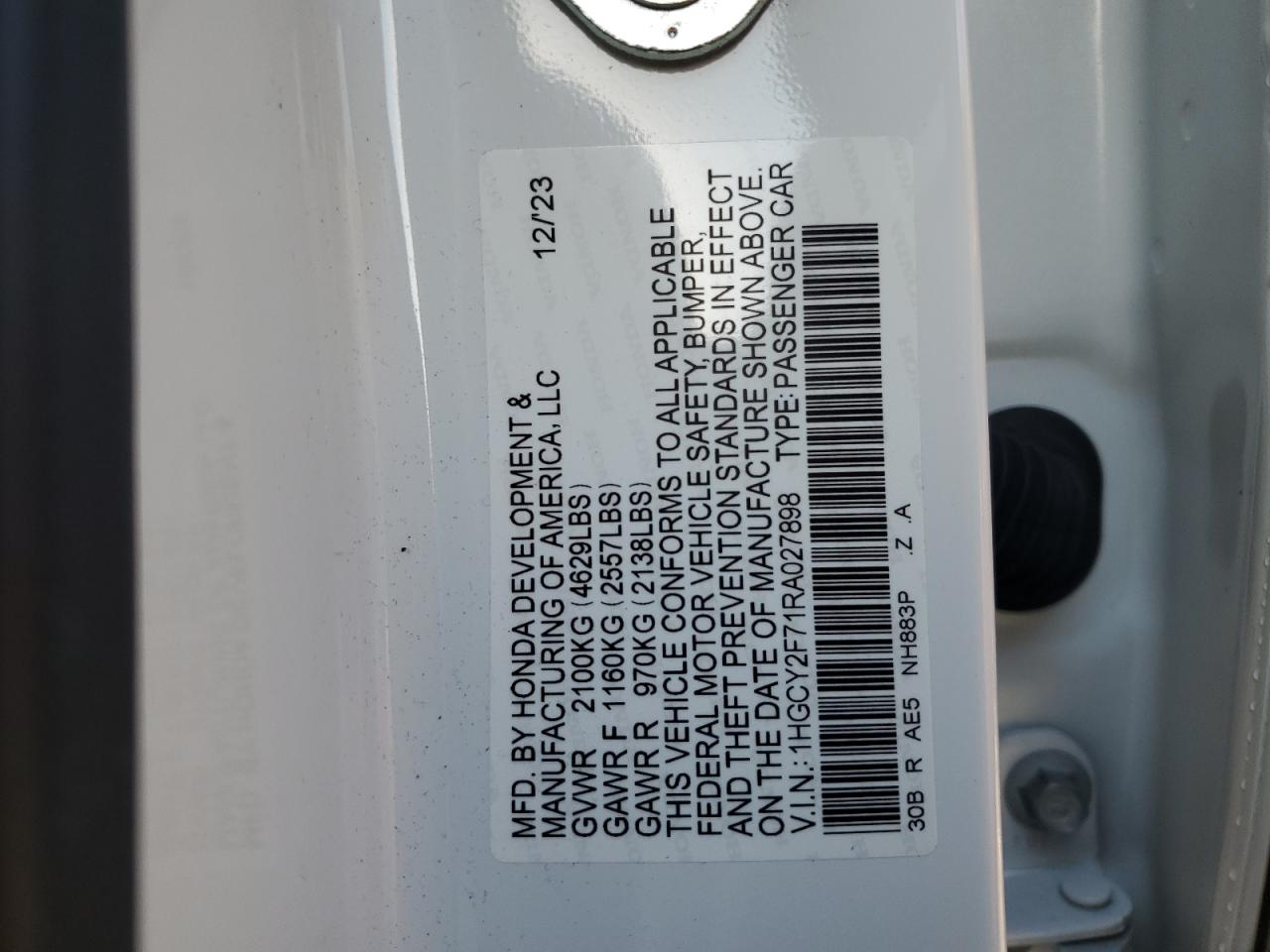 2024 Honda Accord VIN 1HGCY2F71RA027898 Copart auction photo, front end / minor dent/scratches damage thumbnail 12
