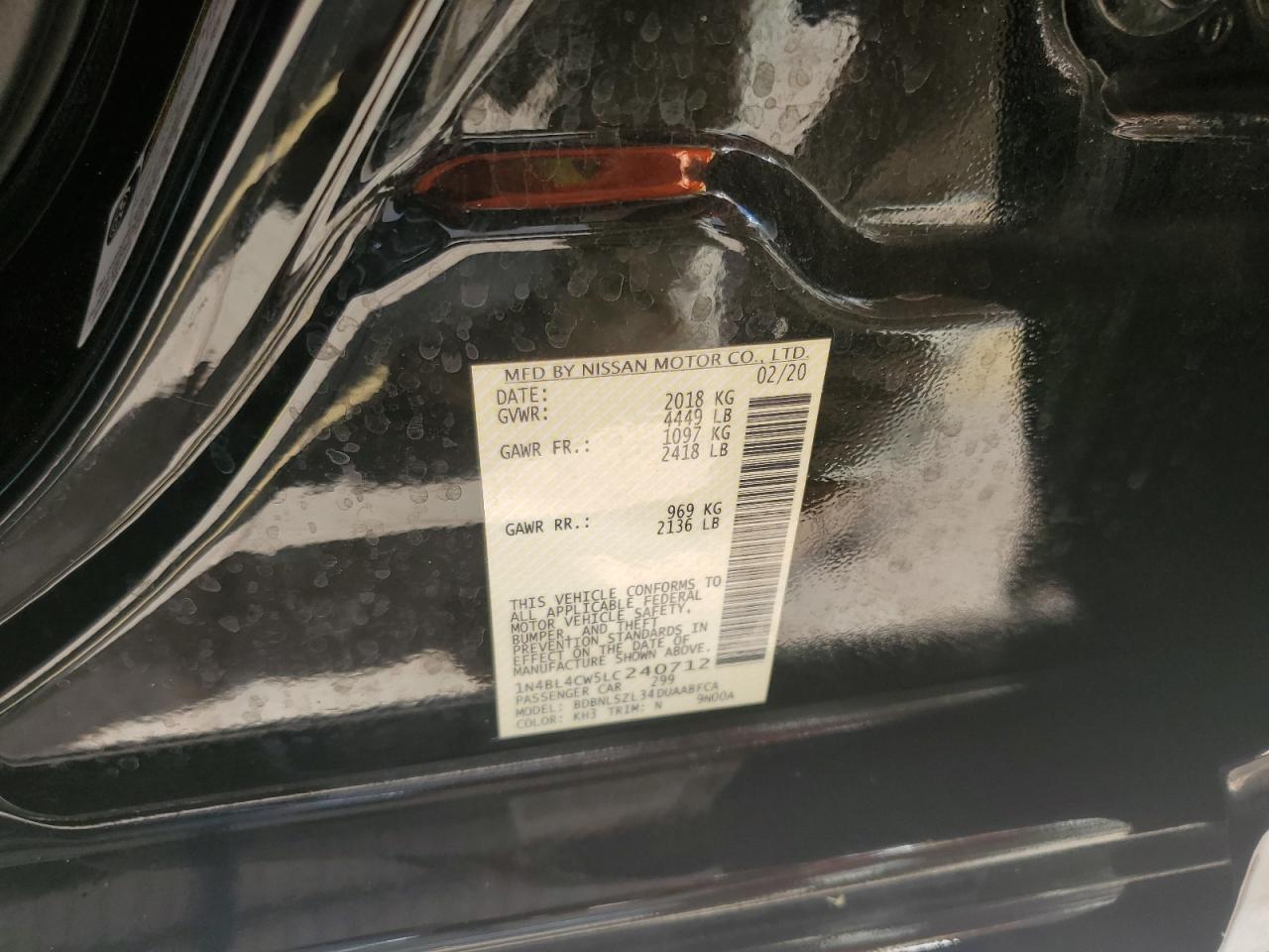 2020 Nissan Altima VIN 1N4BL4CW5LC240712 Copart auction photo, rear end / front end damage thumbnail 12