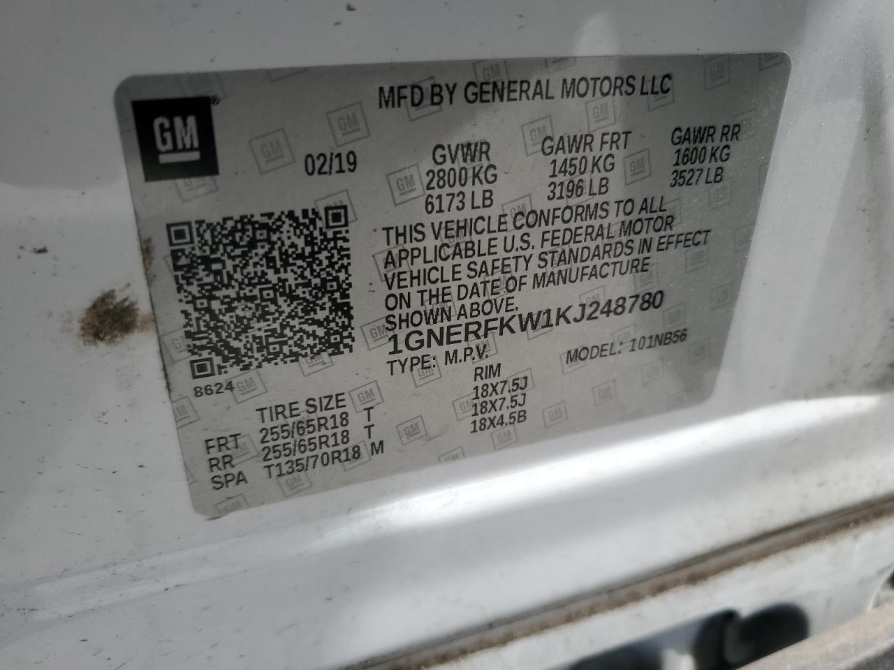 2019 Chevrolet Traverse VIN 1GNERFKW1KJ248780 Copart auction photo, front end / side damage thumbnail 14