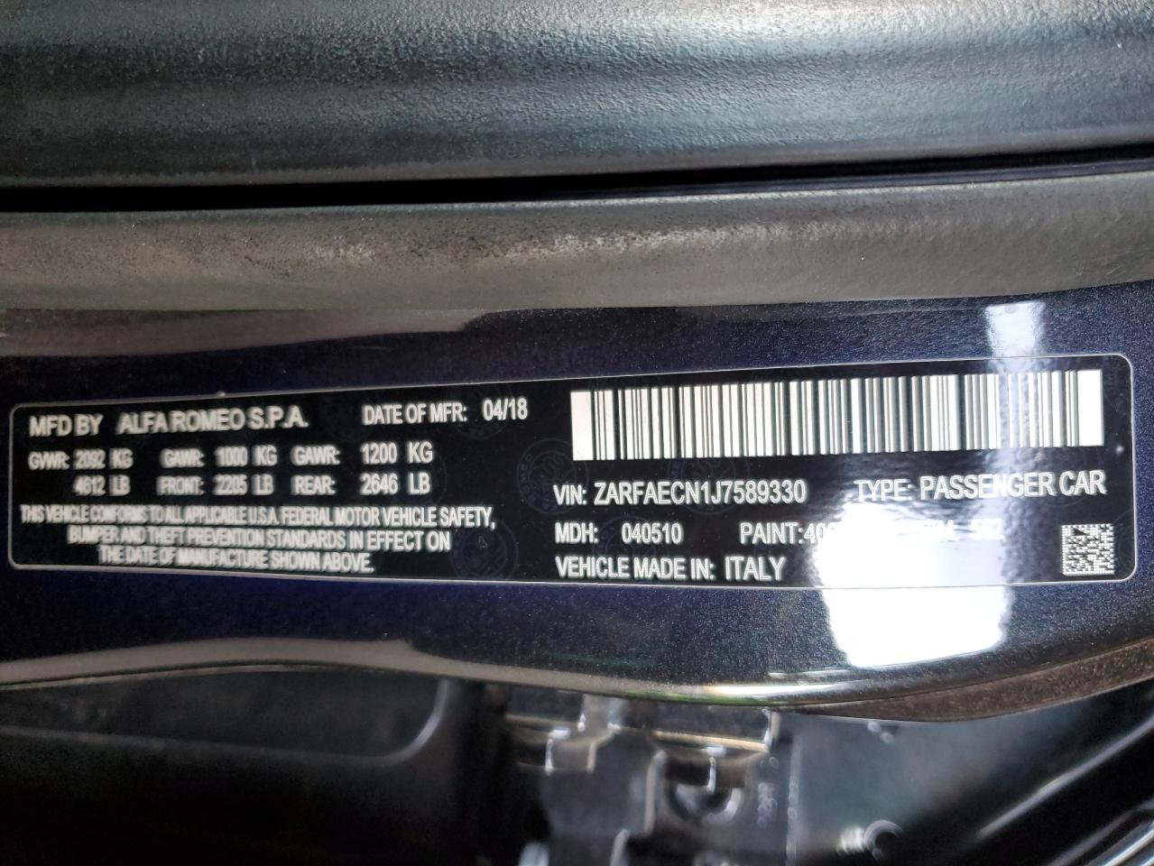 2018 Alfa Romeo Giulia VIN ZARFAECN1J7589330 Copart auction photo, front end damage thumbnail 13