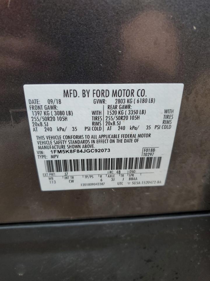 2018 Ford Explorer VIN 1FM5K8F84JGC92073 Copart auction photo, rear end / side damage thumbnail 13