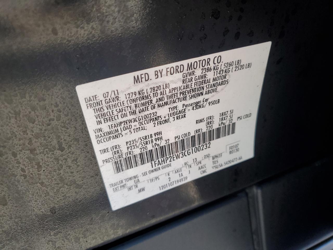2012 Ford Taurus VIN 1FAHP2EW3CG100232 Copart auction photo, minor dent/scratches damage thumbnail 12