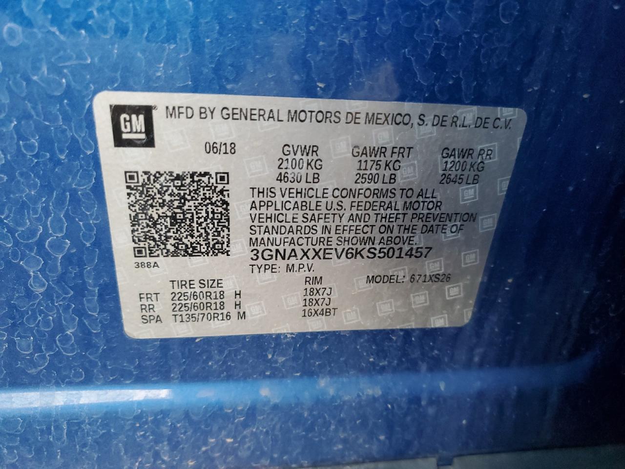 2019 Chevrolet Equinox VIN 3GNAXXEV6KS501457 Copart auction photo, rear end damage thumbnail 13